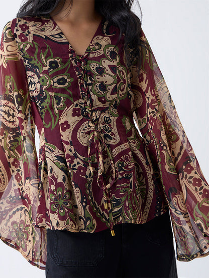 LOV Burgundy Printed Cotton Top with Camisole