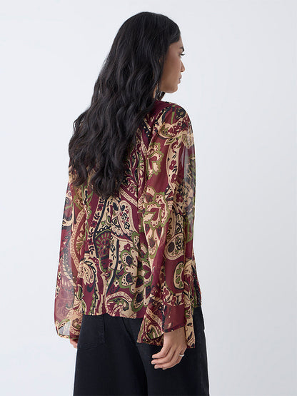 LOV Burgundy Printed Cotton Top with Camisole