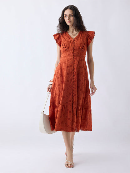 LOV Orange Floral Embroidered Cotton A-Line Dress
