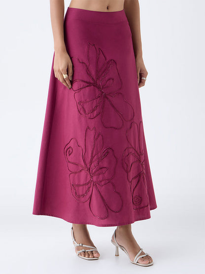 LOV Burgundy Floral Embroidered High-Rise Cotton Skirt