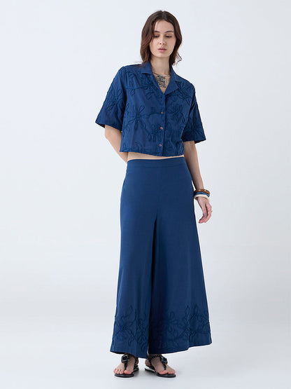 Utsa Indigo Floral Embroidered Cotton-Blend Shirt