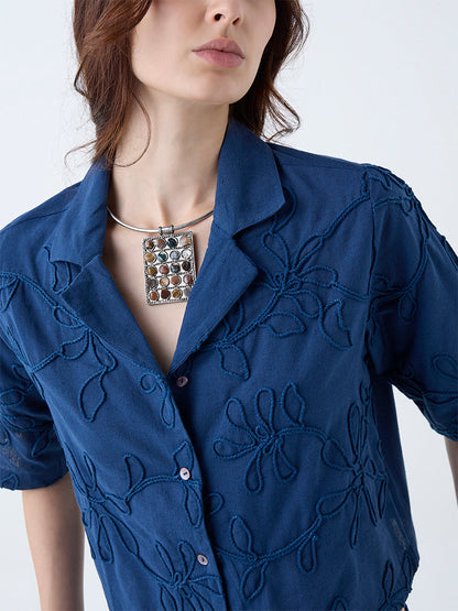 Utsa Indigo Floral Embroidered Cotton-Blend Shirt