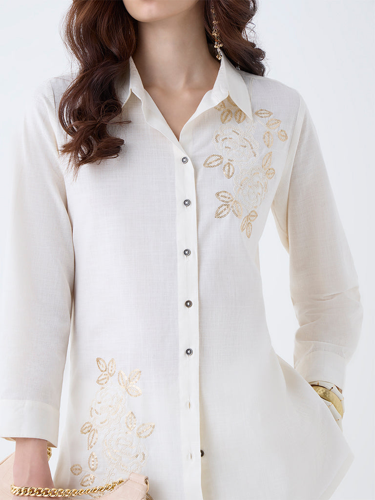 Utsa Off-White Sequin Embellished Cotton Tunic