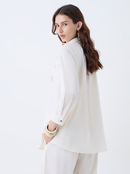 Utsa Off-White Sequin Embellished Cotton Tunic