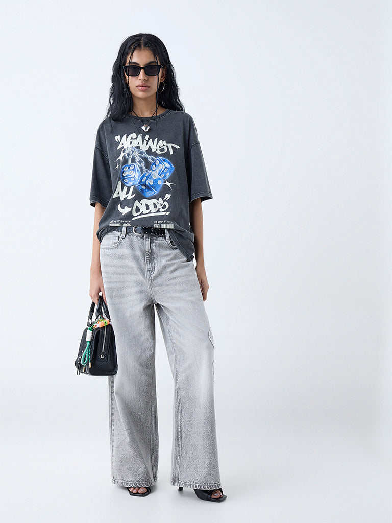 Nuon Grey Printed Cotton T-Shirt