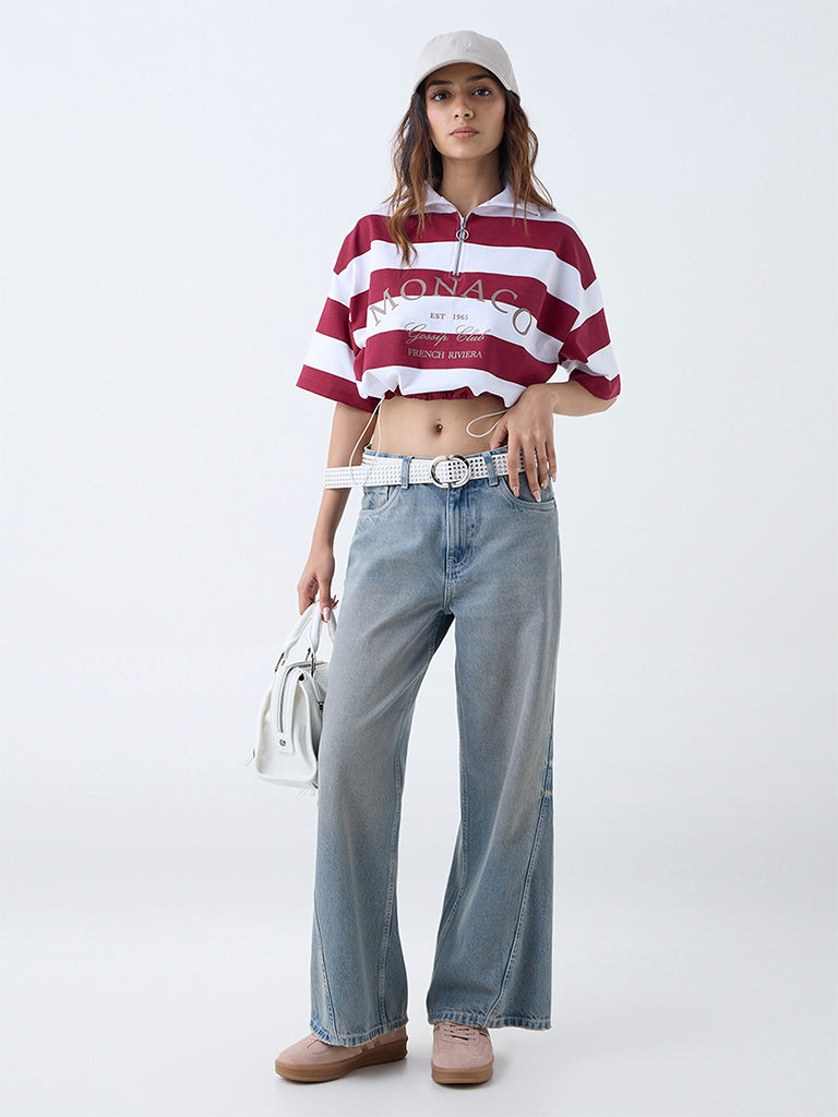 Nuon Burgundy Striped Cotton Quarter-Zip T-Shirt