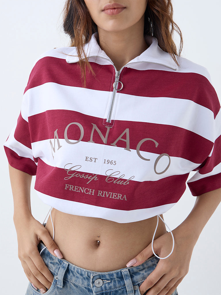 Nuon Burgundy Striped Cotton Quarter-Zip T-Shirt