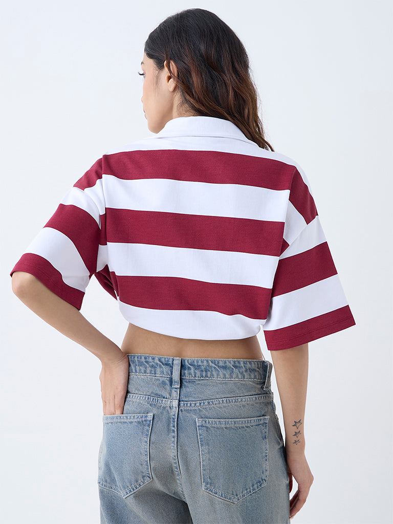 Nuon Burgundy Striped Cotton Quarter-Zip T-Shirt