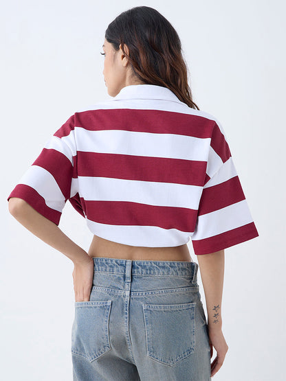 Nuon Burgundy Striped Cotton Quarter-Zip T-Shirt