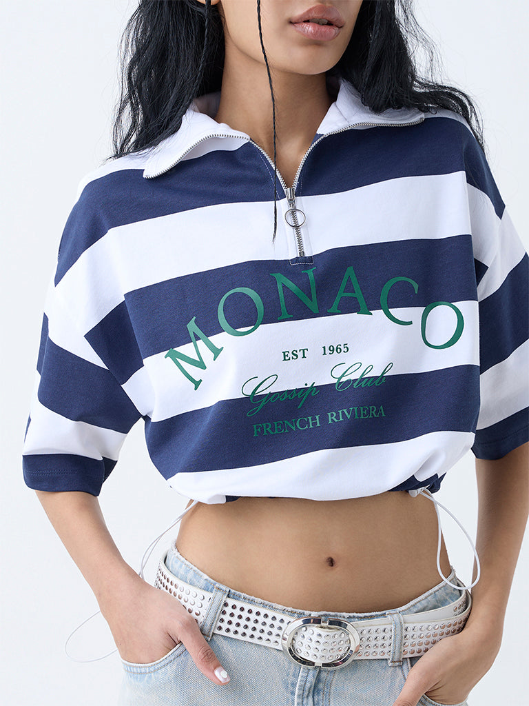 Nuon Navy Striped Quarter-Zip Cotton T-Shirt