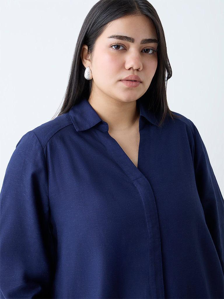 Gia Navy Solid Linen-Blend Shirt