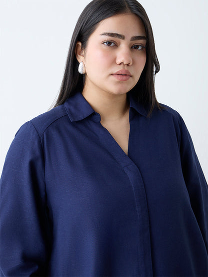 Gia Navy Solid Linen-Blend Shirt