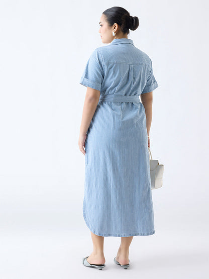 Gia Blue Striped Cotton-Blend Shirt Dress with Belt