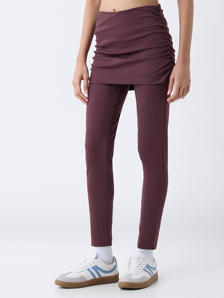 Studiofit Brown Ruched High-Rise Cotton-Blend Pants