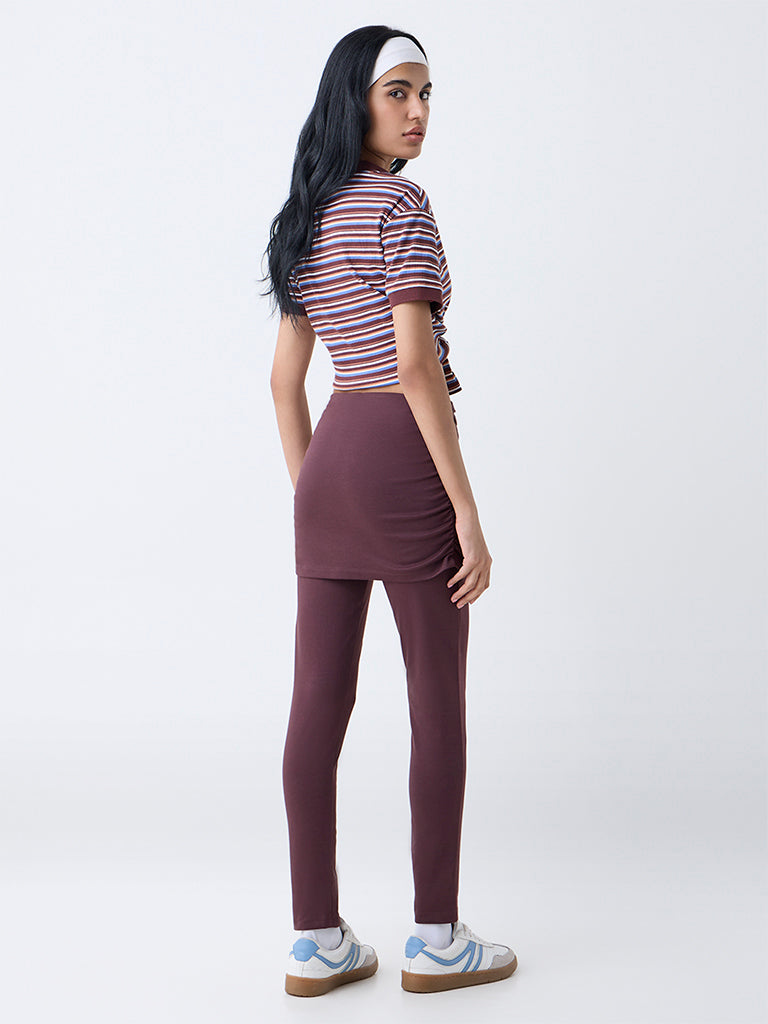 Studiofit Brown Ruched High-Rise Cotton-Blend Pants