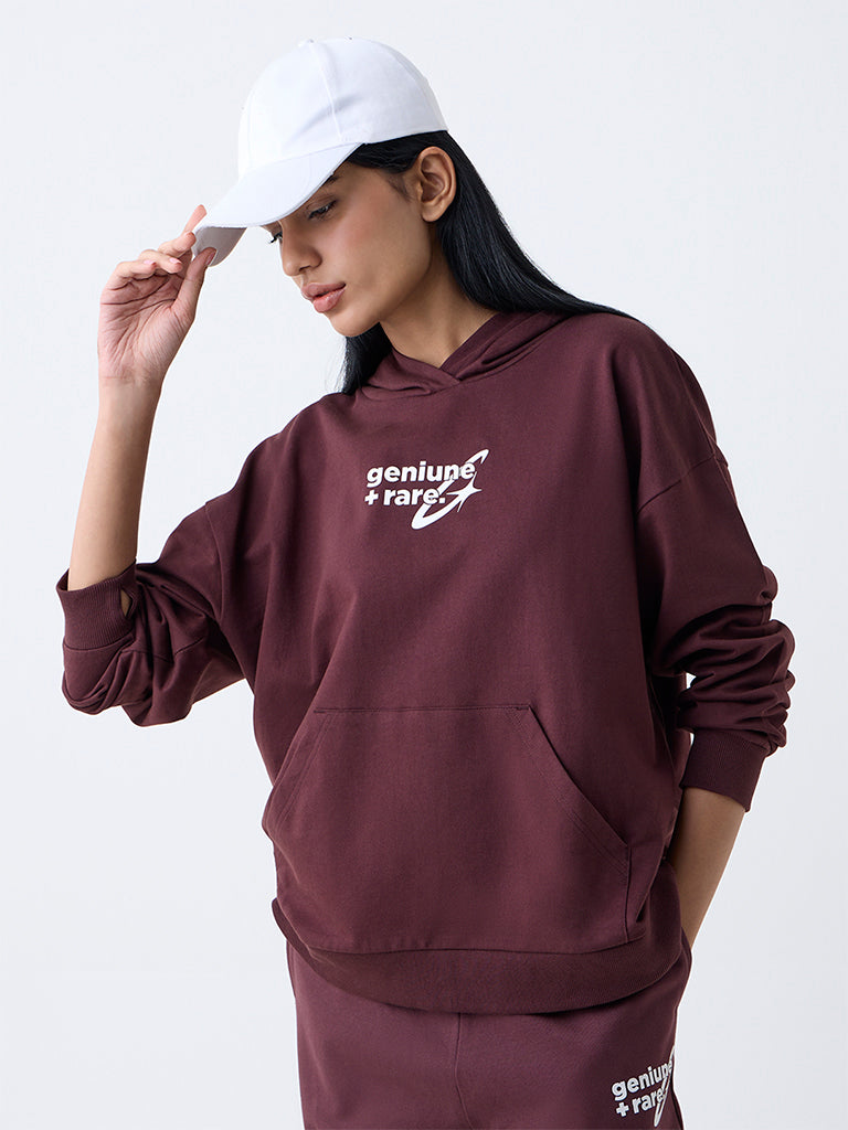 Studiofit Dark Brown Typographic Cotton Hoodie