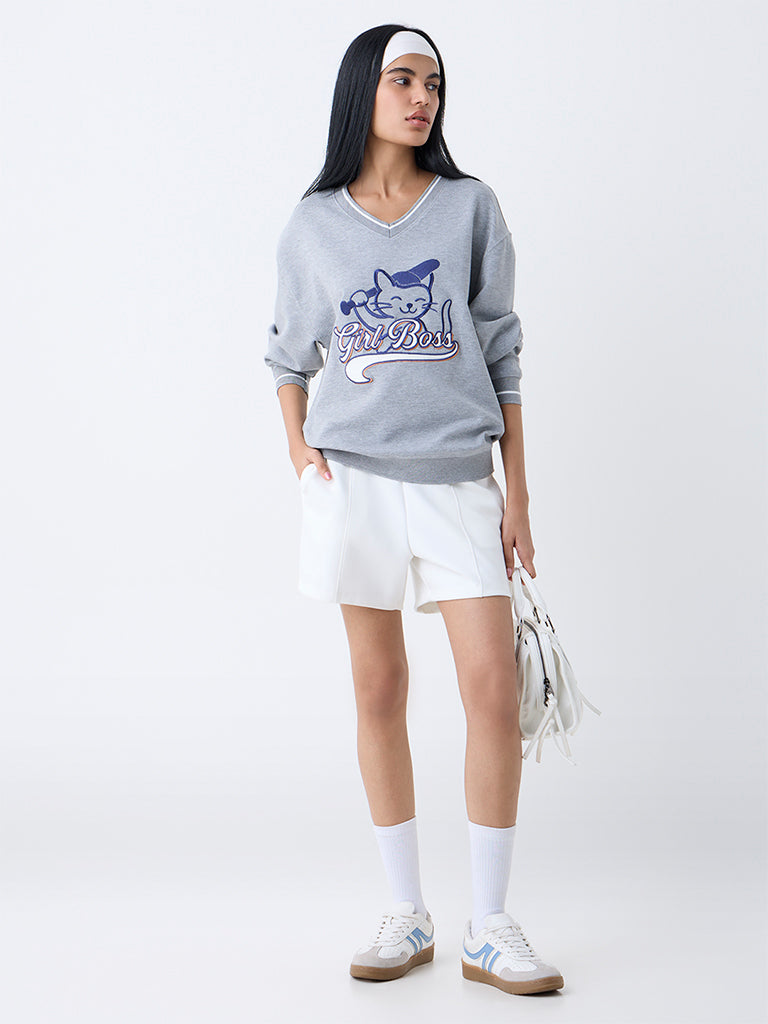 Studiofit Grey Text Detailed Sweatshirt