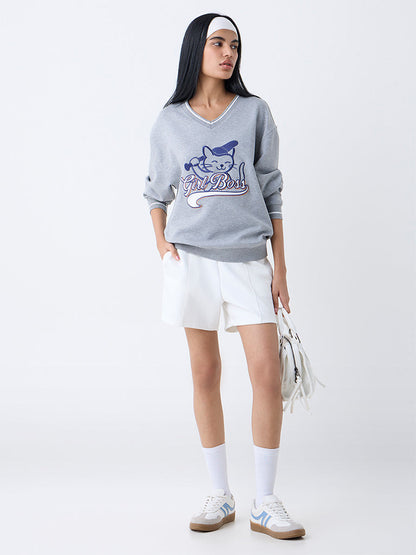 Studiofit Grey Text Detailed Sweatshirt