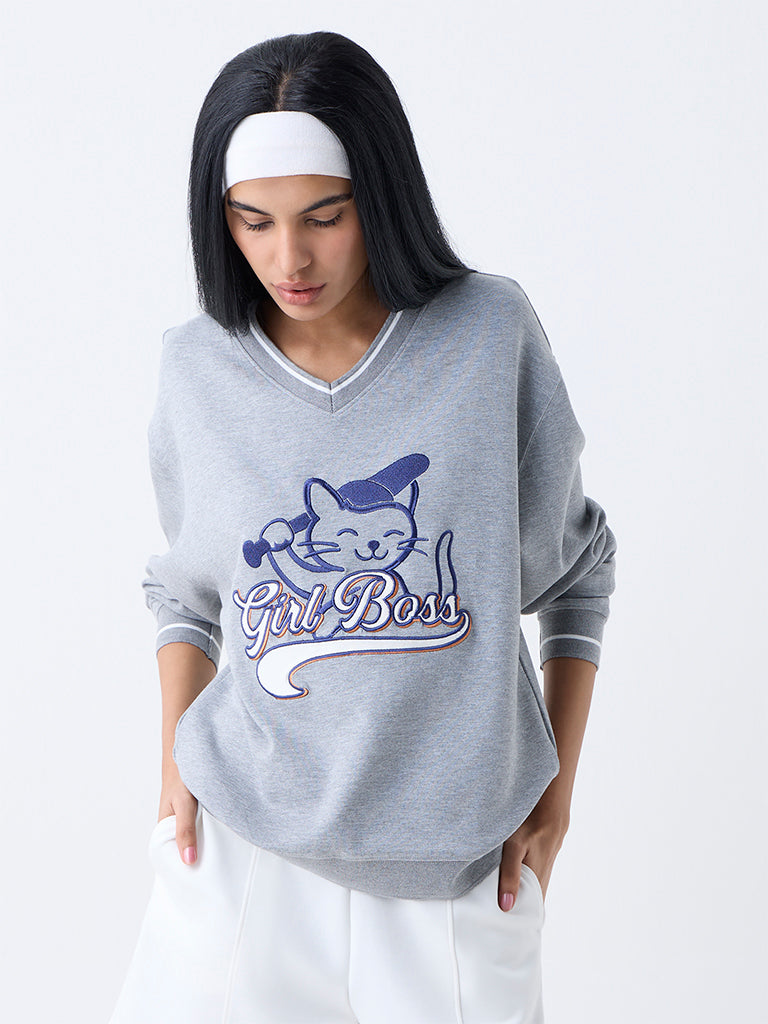 Studiofit Grey Text Detailed Sweatshirt