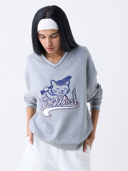 Studiofit Grey Text Detailed Sweatshirt