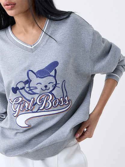 Studiofit Grey Text Detailed Sweatshirt