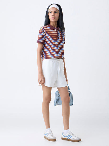 Studiofit Dark Brown Striped Cotton-Blend Polo T-Shirt