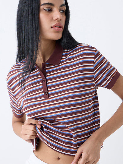 Studiofit Dark Brown Striped Cotton-Blend Polo T-Shirt