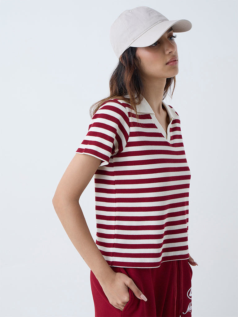 Studiofit Maroon Striped Cotton-Blend T-Shirt