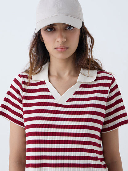 Studiofit Maroon Striped Cotton-Blend T-Shirt