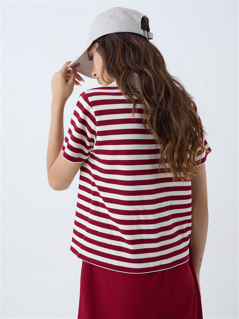 Studiofit Maroon Striped Cotton-Blend T-Shirt