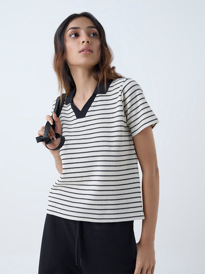 Studiofit White Striped Cotton-Blend T-Shirt