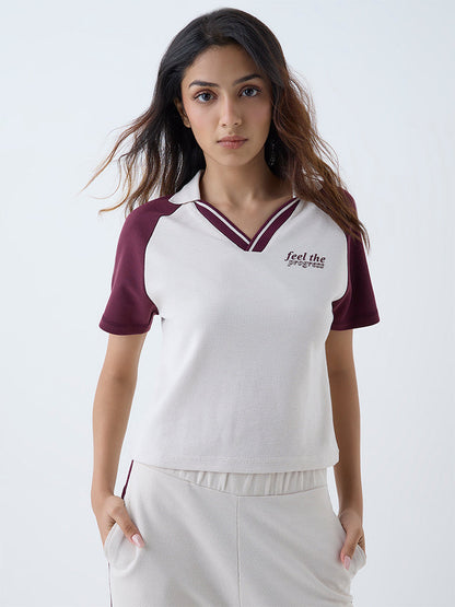 Studiofit Cream Colour-Blocked Cotton-Blend T-Shirt