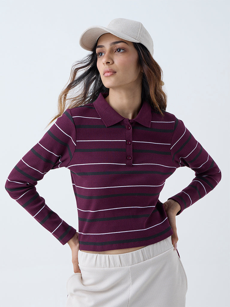 Studiofit Plum Striped Cotton-Blend T-Shirt