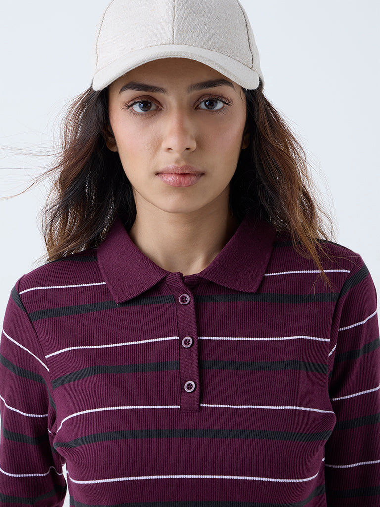 Studiofit Plum Striped Cotton-Blend T-Shirt
