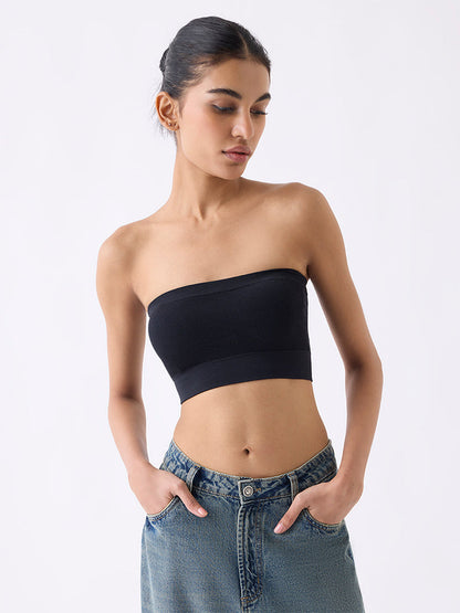 Superstar Black Ribbed Seam-Free Padded Bandeau Bra
