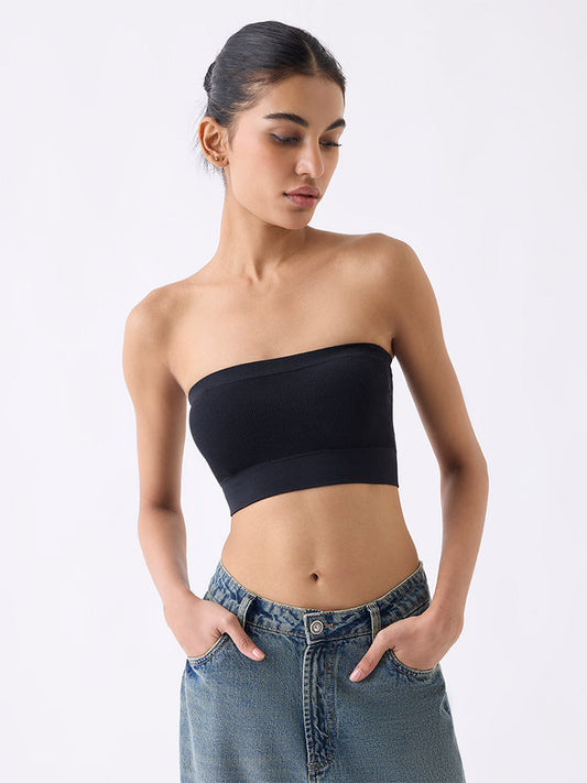 Superstar Black Ribbed Seam-Free Padded Bandeau Bra