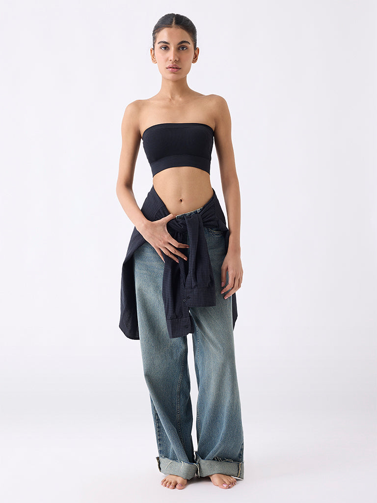 Superstar Black Ribbed Seam-Free Padded Bandeau Bra