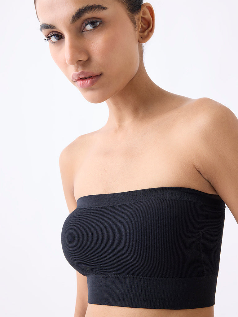 Superstar Black Ribbed Seam-Free Padded Bandeau Bra