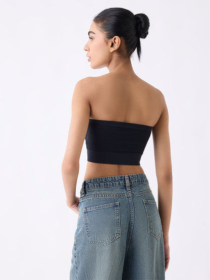 Superstar Black Ribbed Seam-Free Padded Bandeau Bra