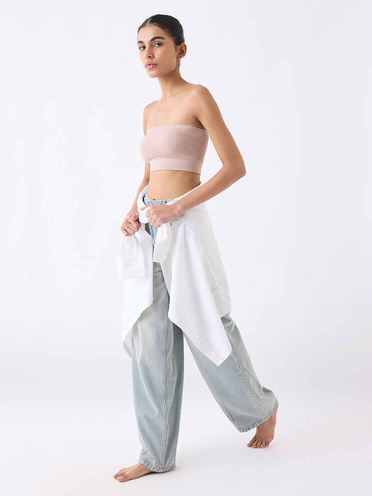 Superstar Beige Ribbed Seam-Free Padded Bandeau Bra