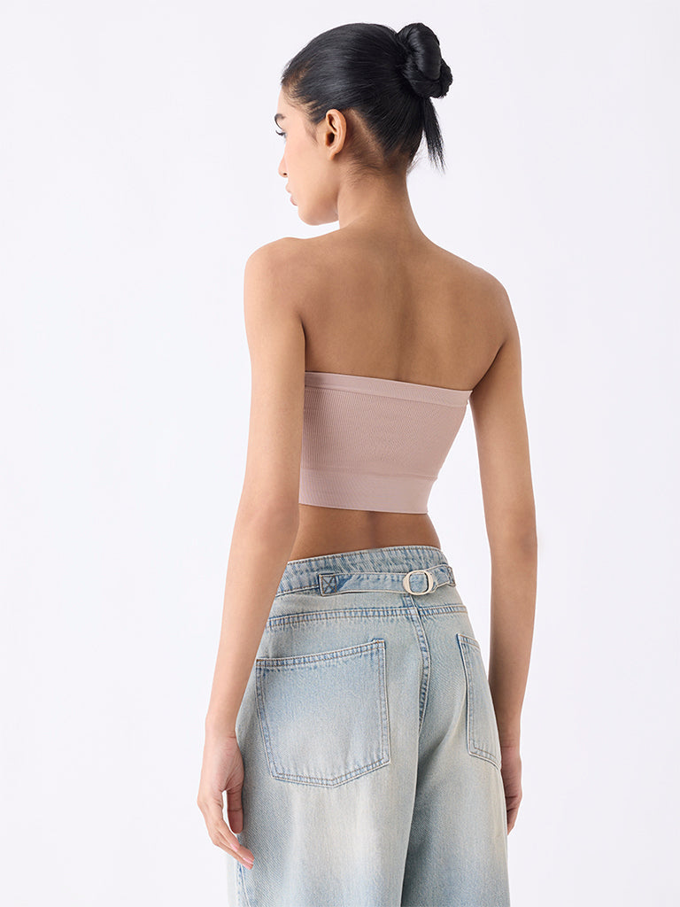 Superstar Beige Ribbed Seam-Free Padded Bandeau Bra