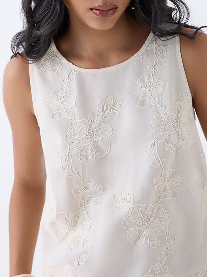 LOV Off-White Floral Embroidered Top