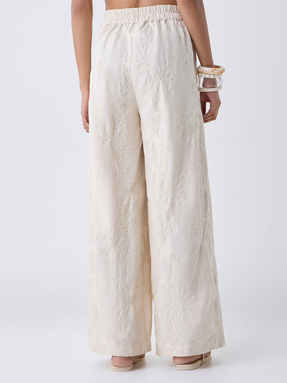 LOV Off-White Floral Embroidered High-Rise Trousers