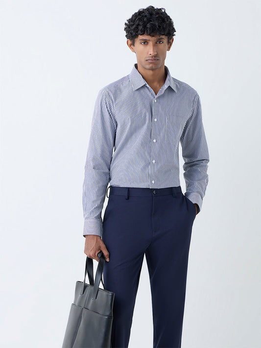 WES Formals Navy Striped Slim-Fit Cotton Shirt