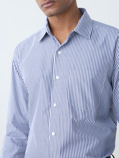 WES Formals Navy Striped Slim-Fit Cotton Shirt
