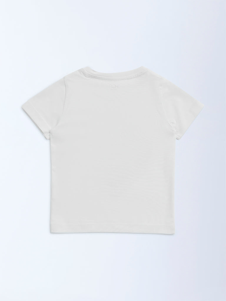 HOP Kids White Heart Printed Cotton T-Shirt
