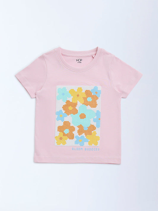 HOP Kids Pink Floral Detailed Cotton T-Shirt