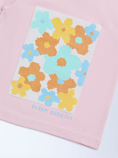 HOP Kids Pink Floral Detailed Cotton T-Shirt