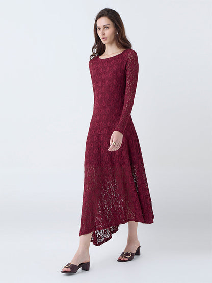 LOV Burgundy Floral Lace Detailed Fishtail Dress