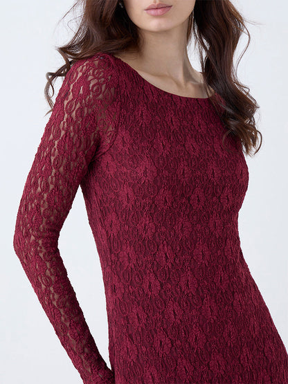 LOV Burgundy Floral Lace Detailed Fishtail Dress